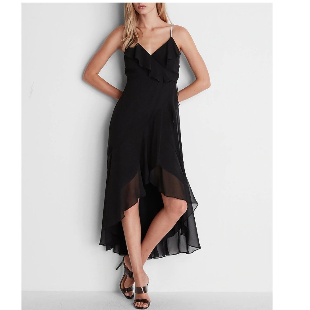 Ruffle Wrap Hi-Lo Embellished Strap Maxi Dress